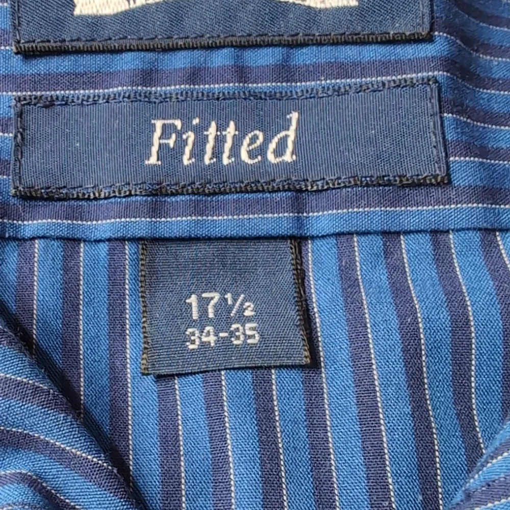 Men's Stafford Blue & Black Pinstripe Fitted Dress Shirt 17-1/2 34-35